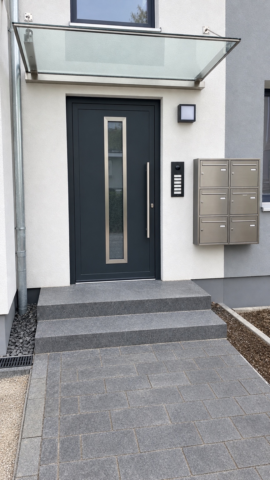 Derselbe Hauseingang nach der Bauendreinigung mit sauberer Tür, Briefkästen, Vordach, Stufen und Pflaster